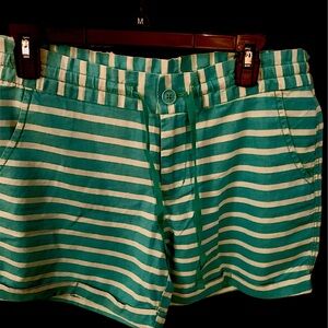 Turquoise/white striped linen shorts